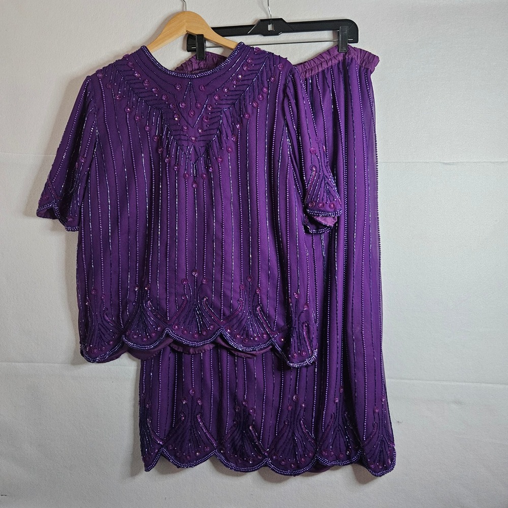 Krishma Vintage Purple Beaded Sequin‎ 2 Piece Skirt Set XL Formal Evening Gown
